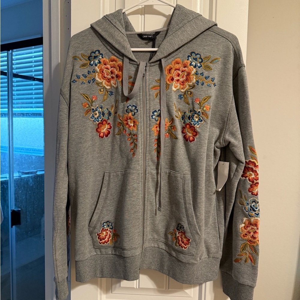 Gray Hoodie with Floral Embroidery